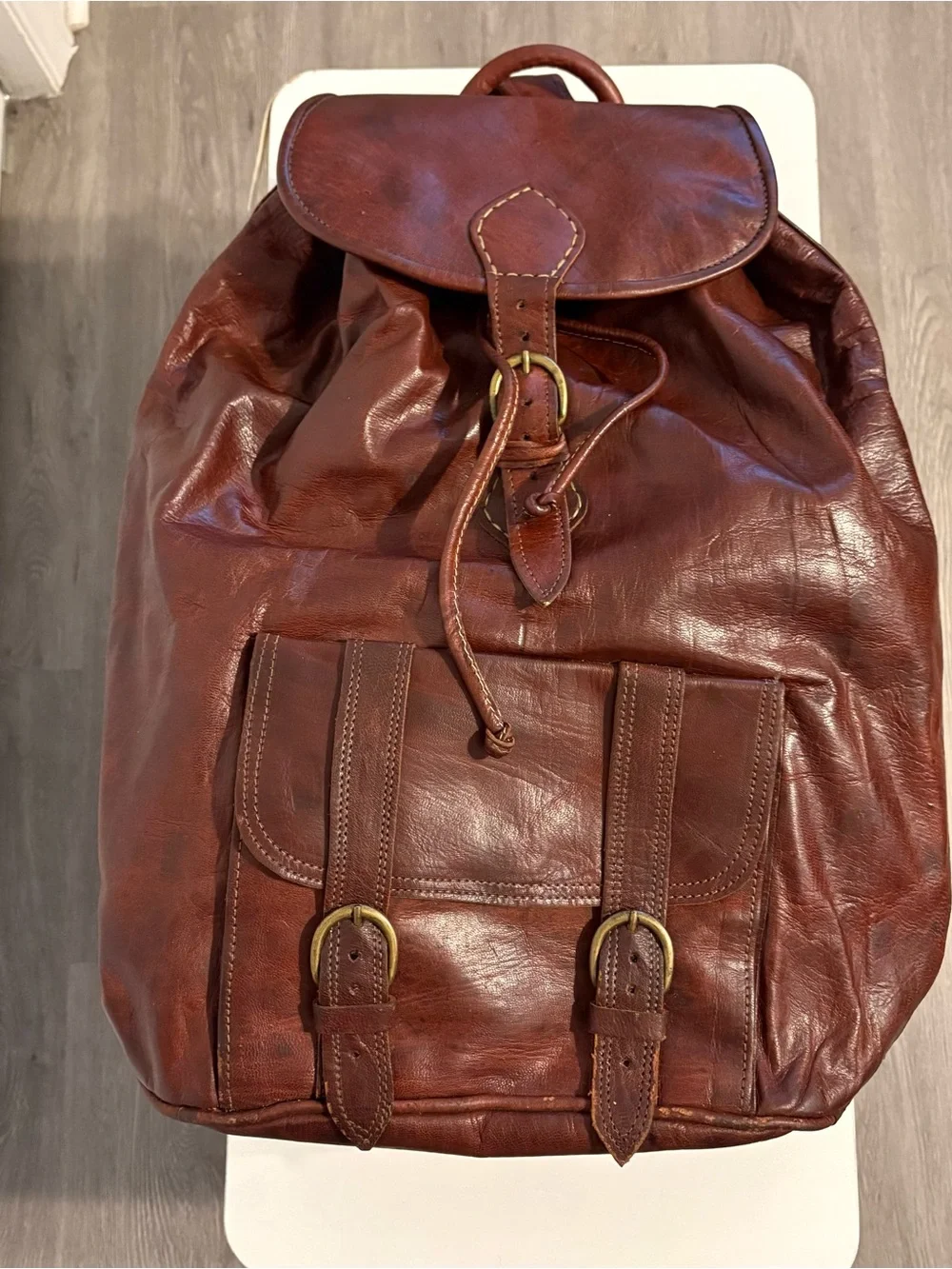 LARGE Vintage Chocolate Brown Soft Leather Drawstring/Buckle Front Backpack, EUC